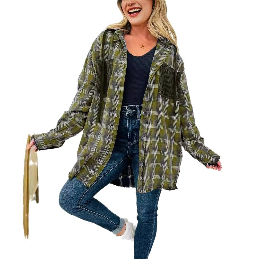 Casual Fashion Waffle Stitching Plaid Hooded Shirt