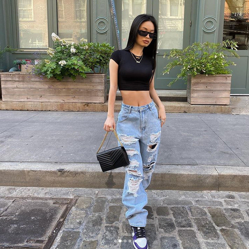 European and American Street Ripped Jeans Women Light Color High Waist