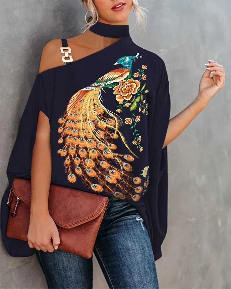 Wear Halter Shawl Printed Elegant Short Sleeve Bat Shirt