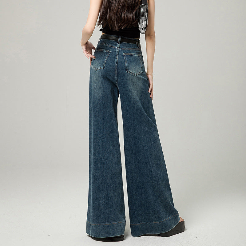 Dark Blue Narrow Version Korean Simple High Waist Loose Small Mop Wide Leg Pants