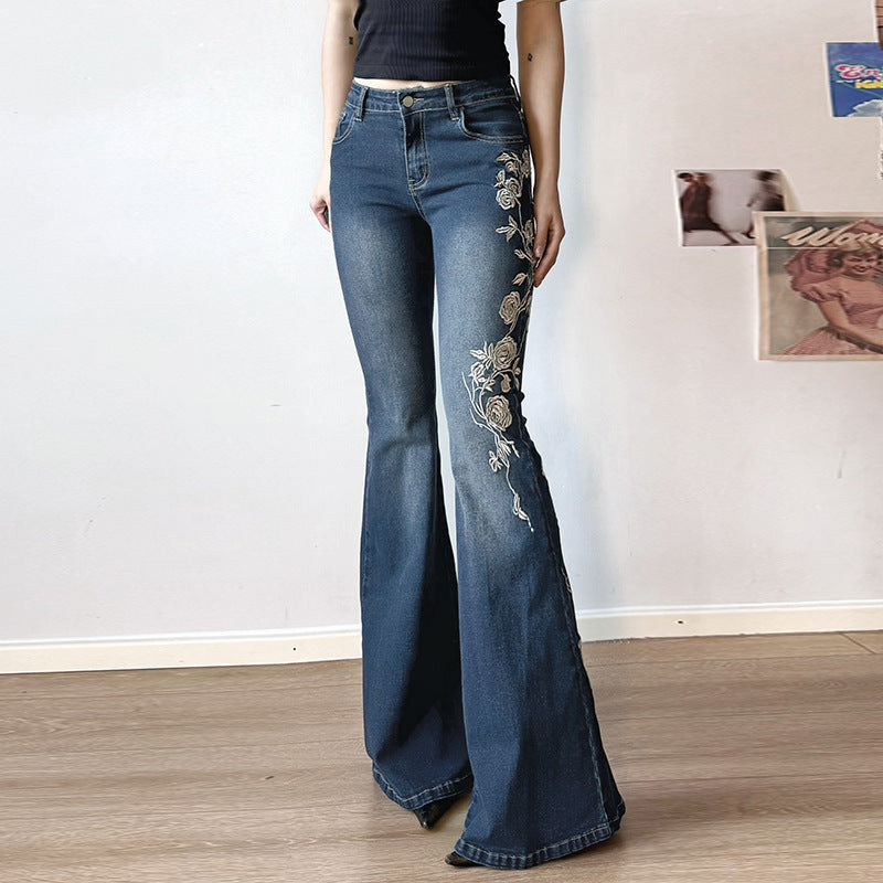 Women's Rose Embroidered Flared Jeans
