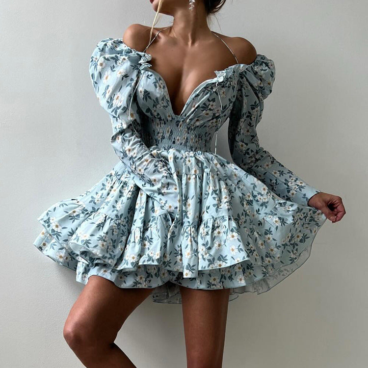 Printed Lace-up Square Collar Long Sleeve Elastic Waist Tulle Tutu Dress