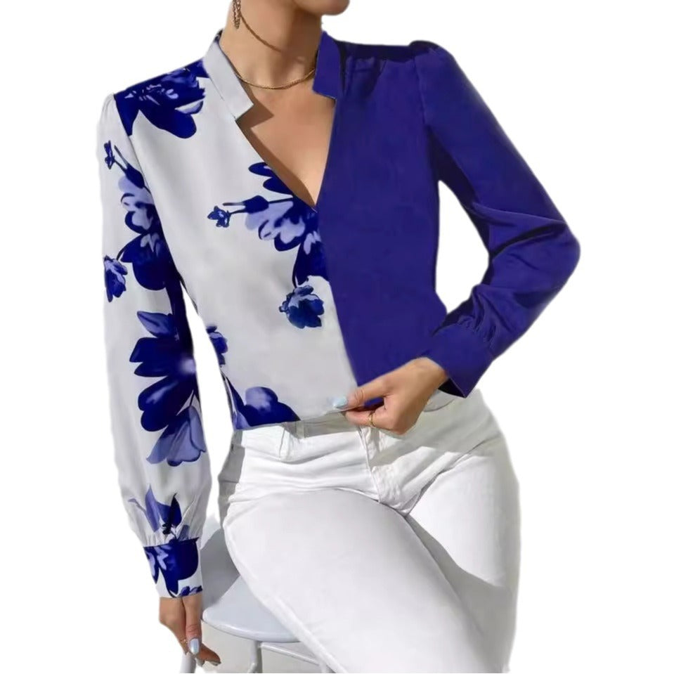 Printed Blouse V-neck Long Sleeve Women's Blouse