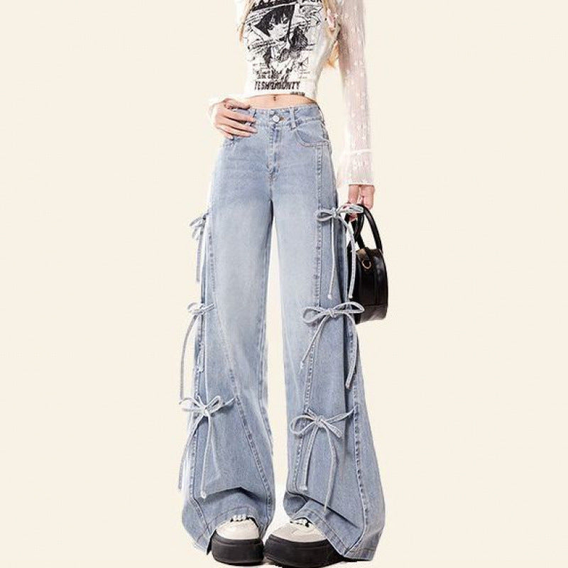 Bow Bandage Jeans For Women Loose-fitting Wide-leg Trousers