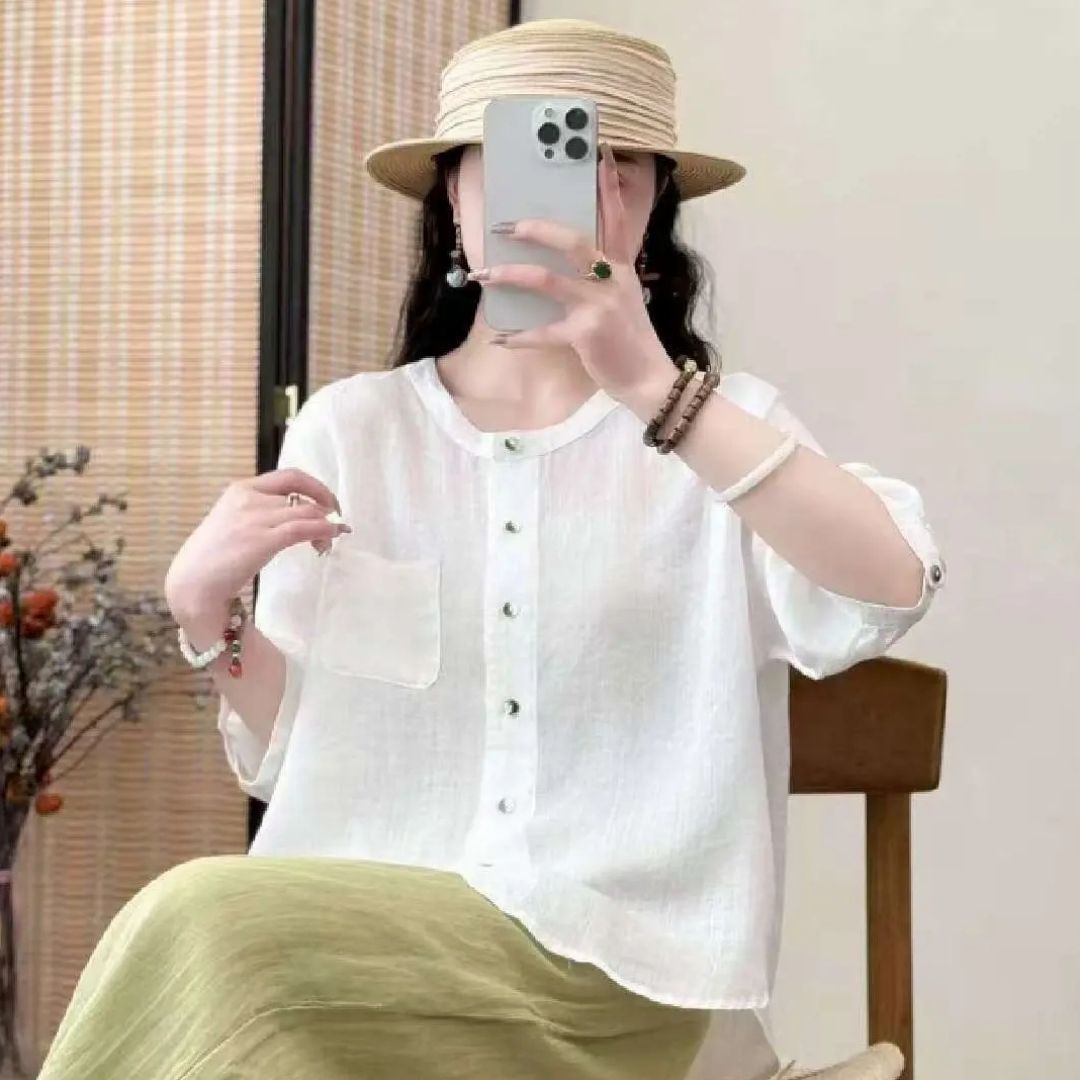 All-matching Western Style Cotton And Linen Short Sleeve Shirt