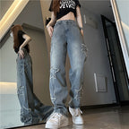 Blue XINGX Embroidered Jeans Women Loose Straight-leg Wide-leg Pants