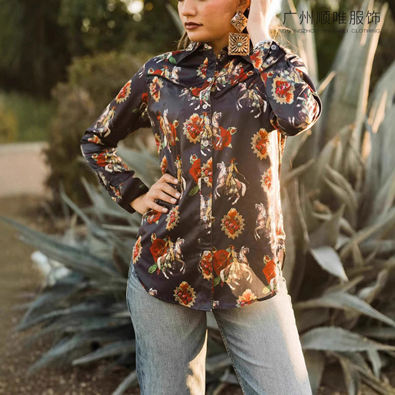 Denim Ethnic Street Printing Slim Fit Women's Shirt