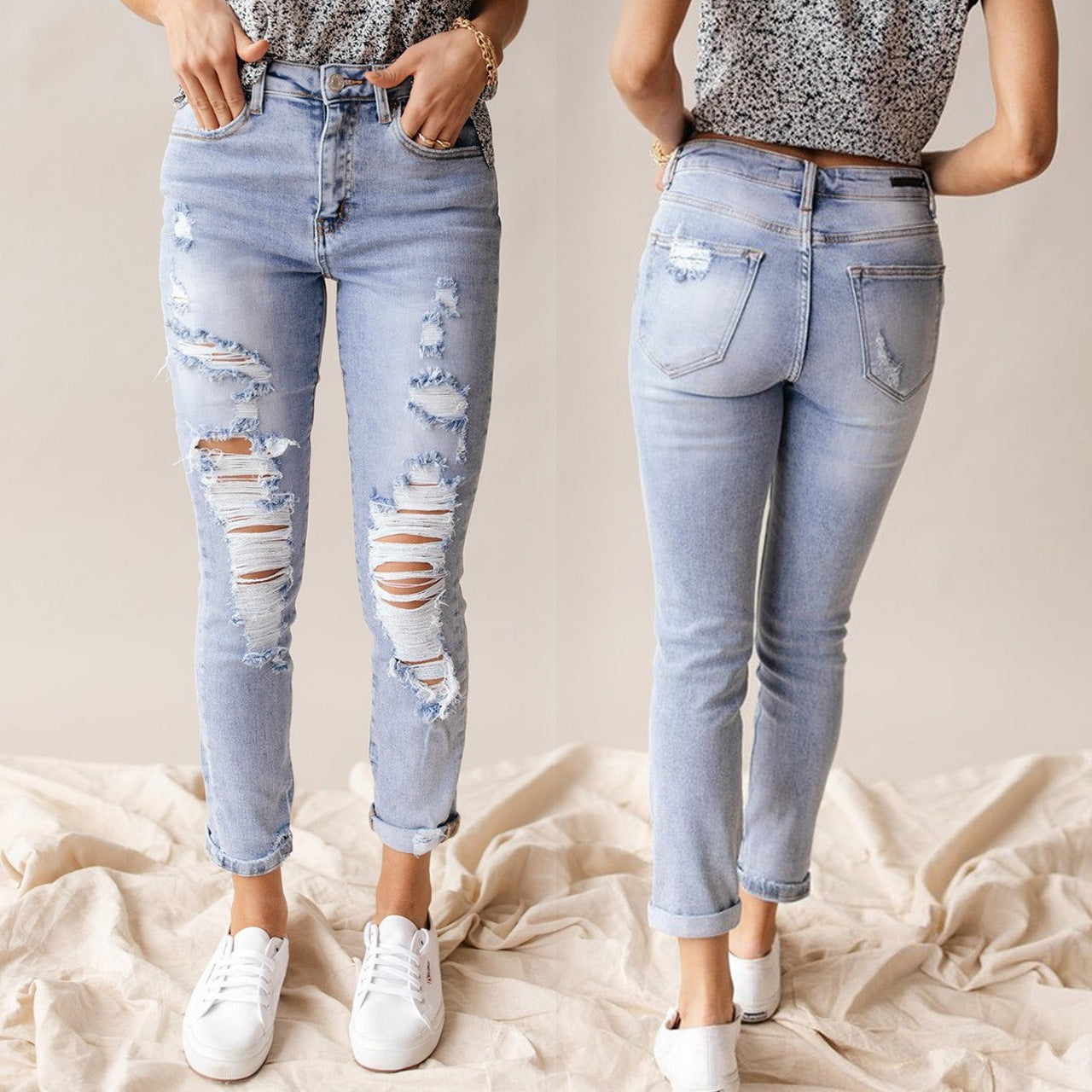 European And American Spring And Summer Leisure Fashion Holes High Waist Jeans For Women